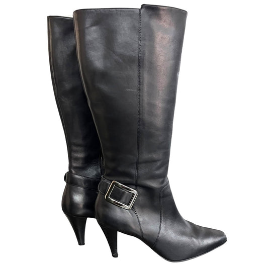Antonio Melani Black Leather Knee-High Heeled Boots With Buckle Detail Size 9M
