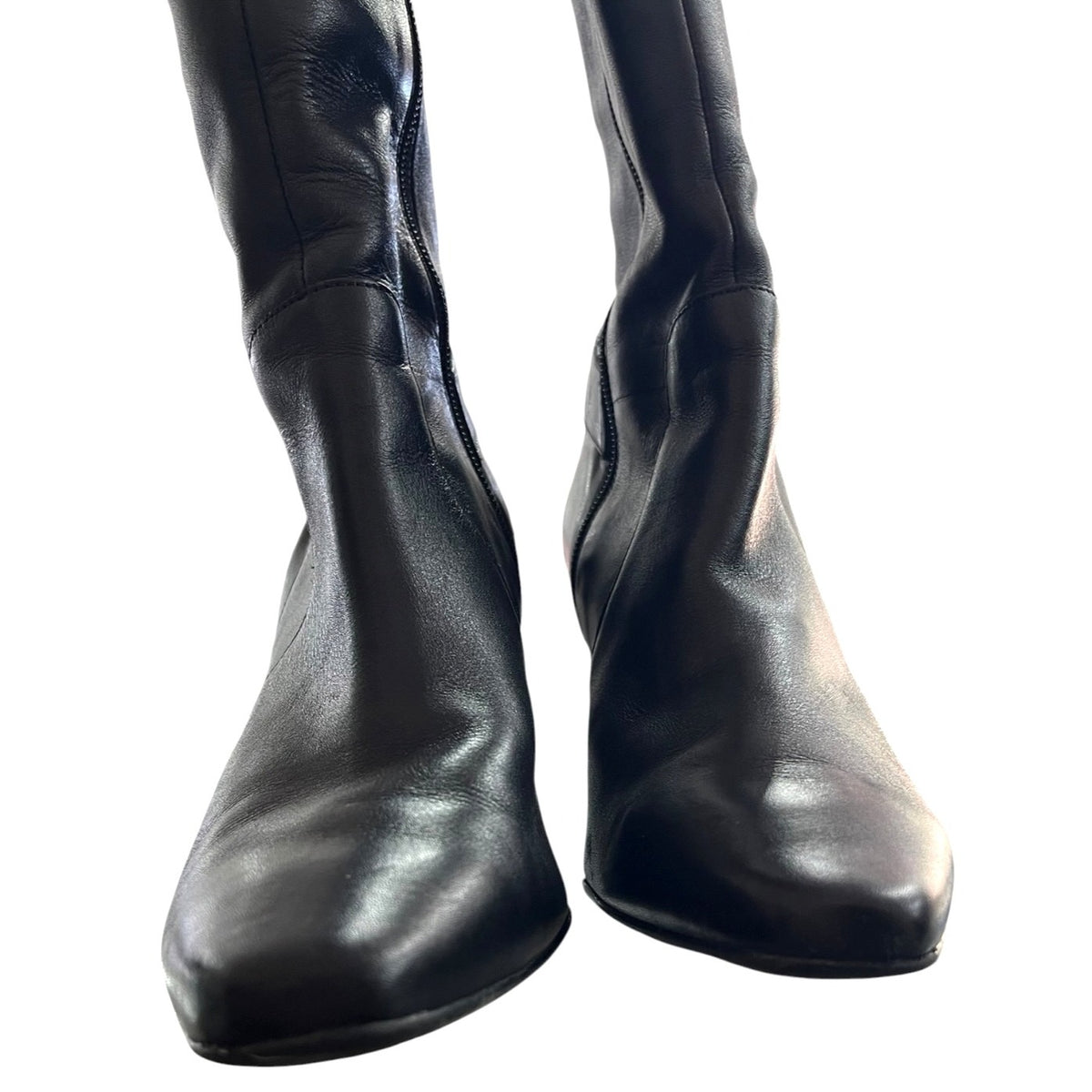 Antonio Melani Black Leather Knee-High Heeled Boots With Buckle Detail Size 9M