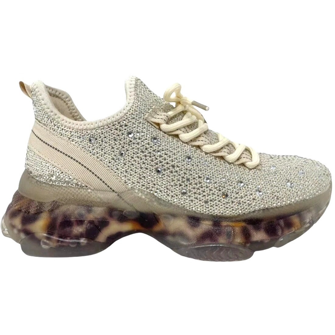 Very G Hella Cream Rhinestone Chunky Sneakers With Leopard Print Sole Women's Fashionable Casual Shoes Size 6