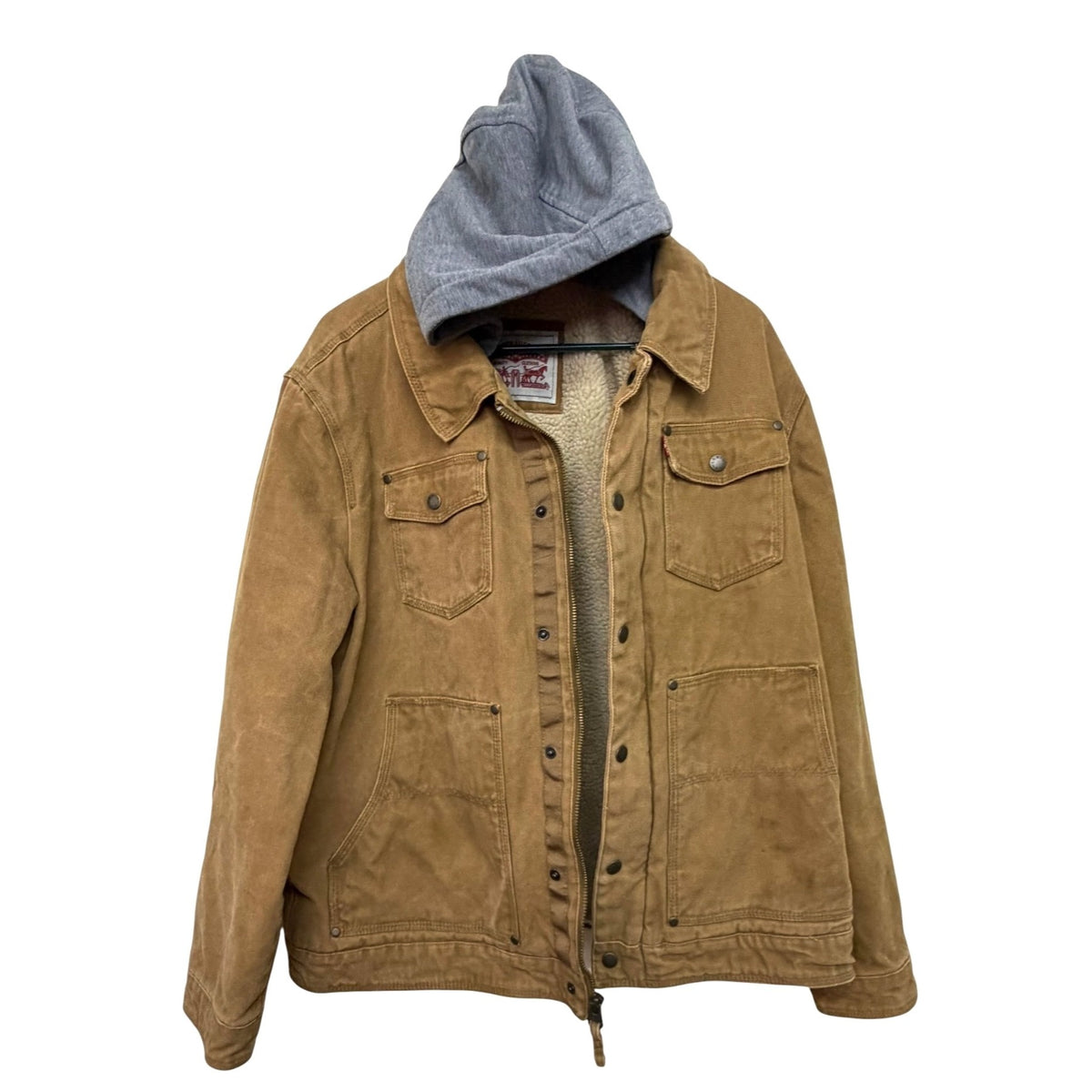 Levis Men's Sherpa-Lined Brown Canvas Jacket With Gray Hood Size XL