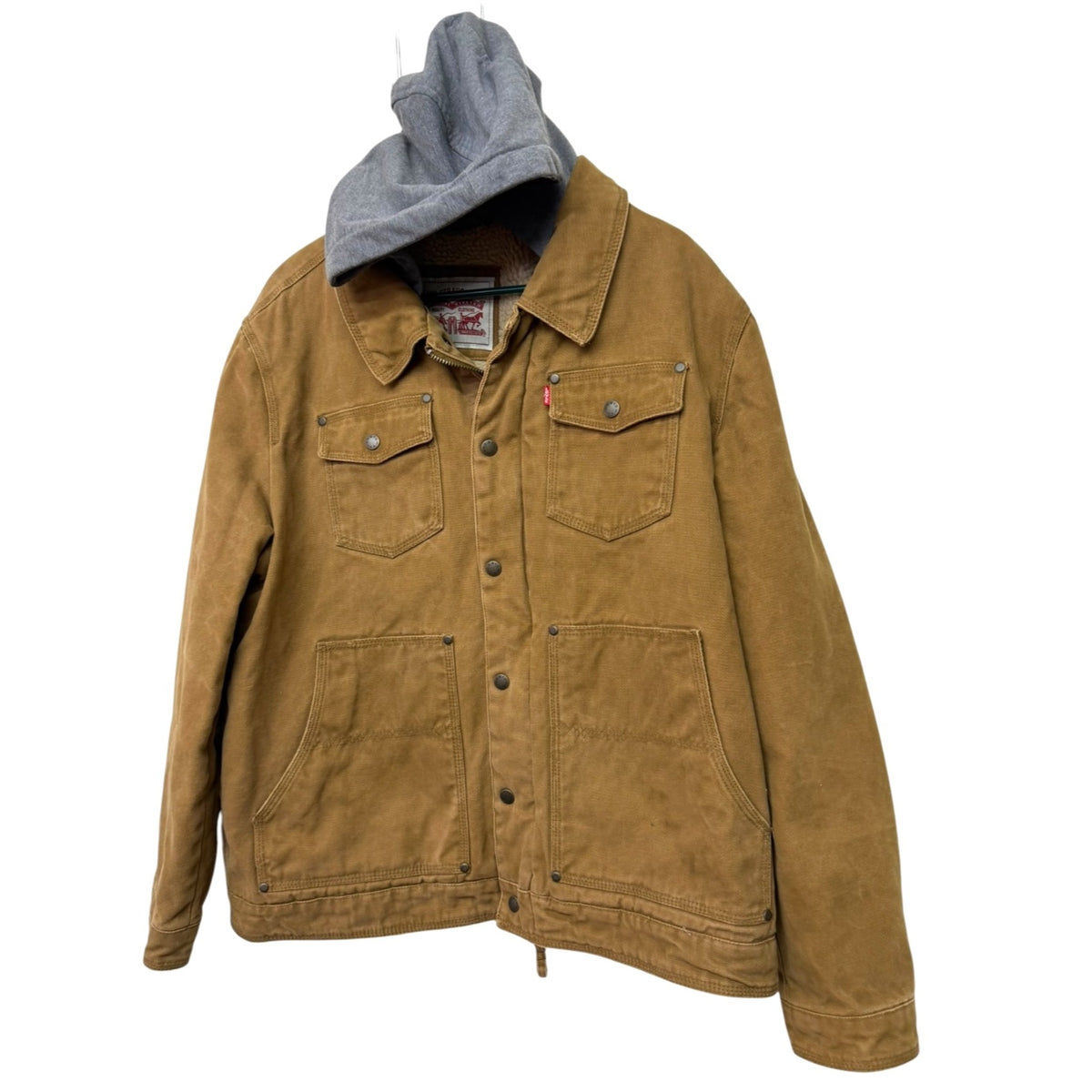 Levis Men's Sherpa-Lined Brown Canvas Jacket With Gray Hood Size XL