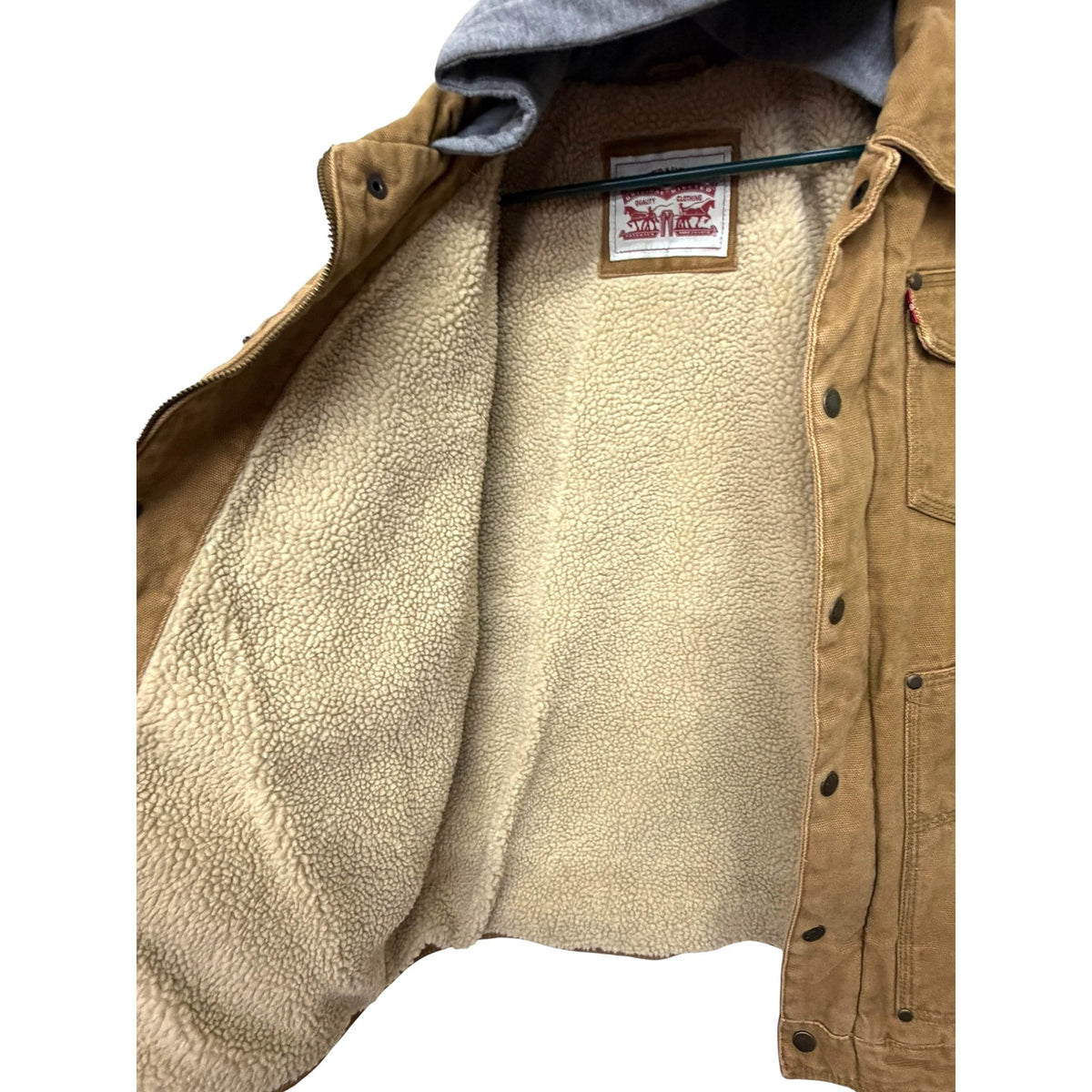 Levis Men's Sherpa-Lined Brown Canvas Jacket With Gray Hood Size XL