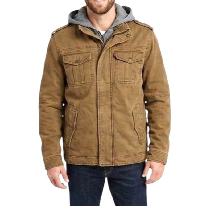 Levis Men's Sherpa-Lined Brown Canvas Jacket With Gray Hood Size XL