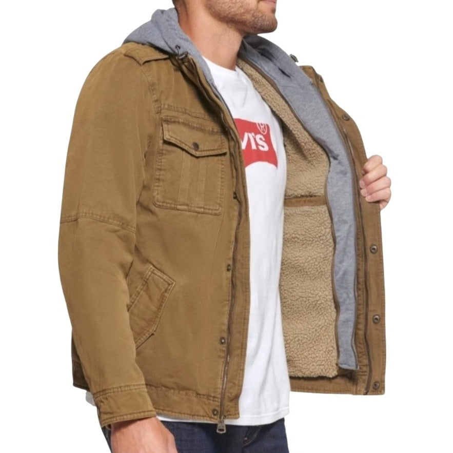 Levis Men's Sherpa-Lined Brown Canvas Jacket With Gray Hood Size XL