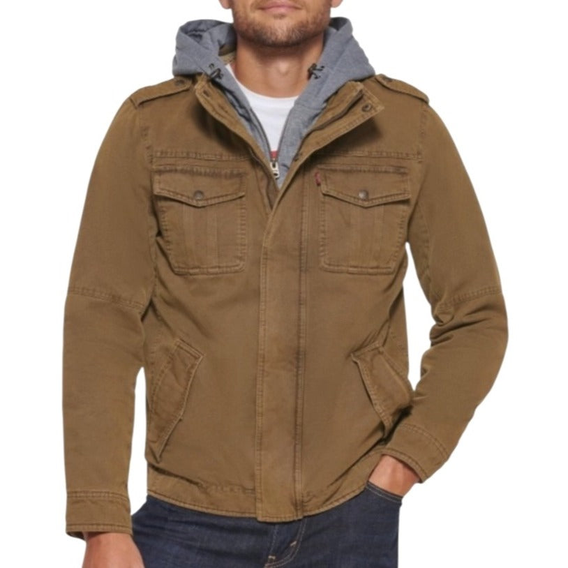 Levis Men's Sherpa-Lined Brown Canvas Jacket With Gray Hood Size XL