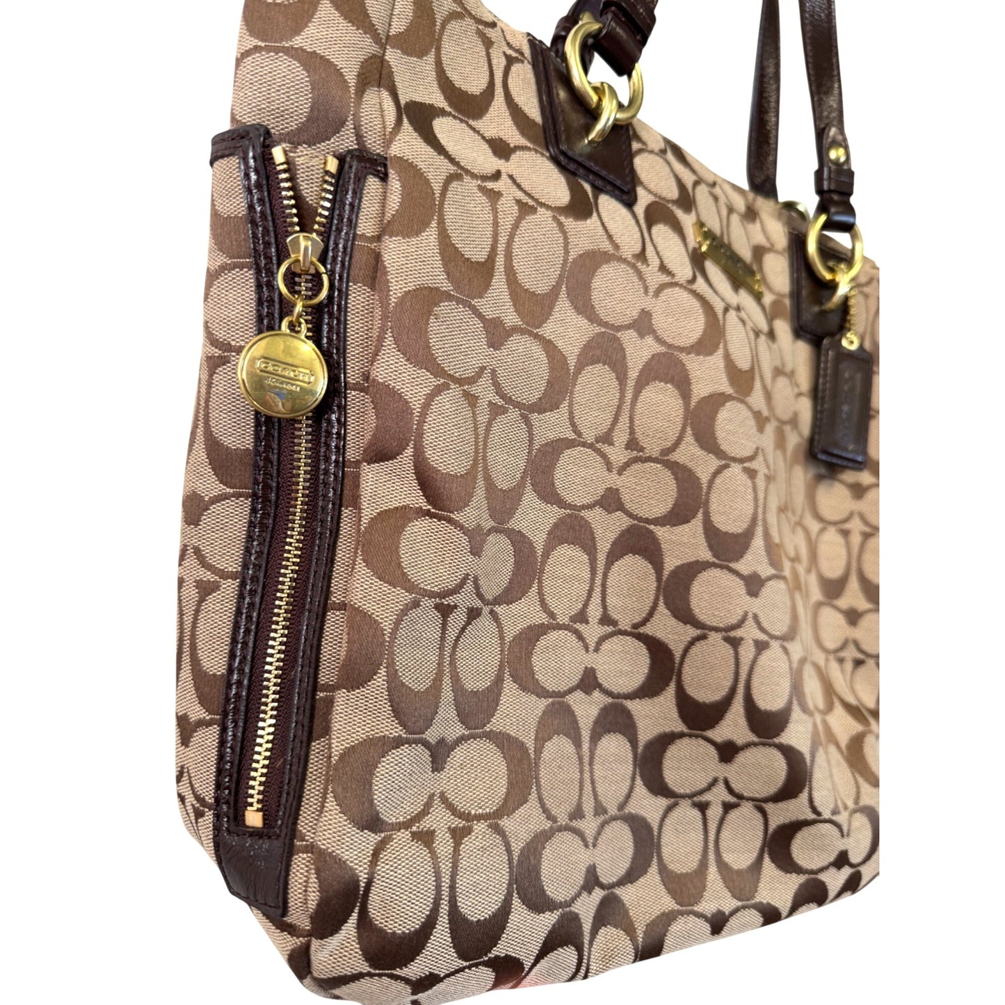 Coach Brown Signature Canvas Tote Bag W/ Leather Handles & Gold-Tone Hardware