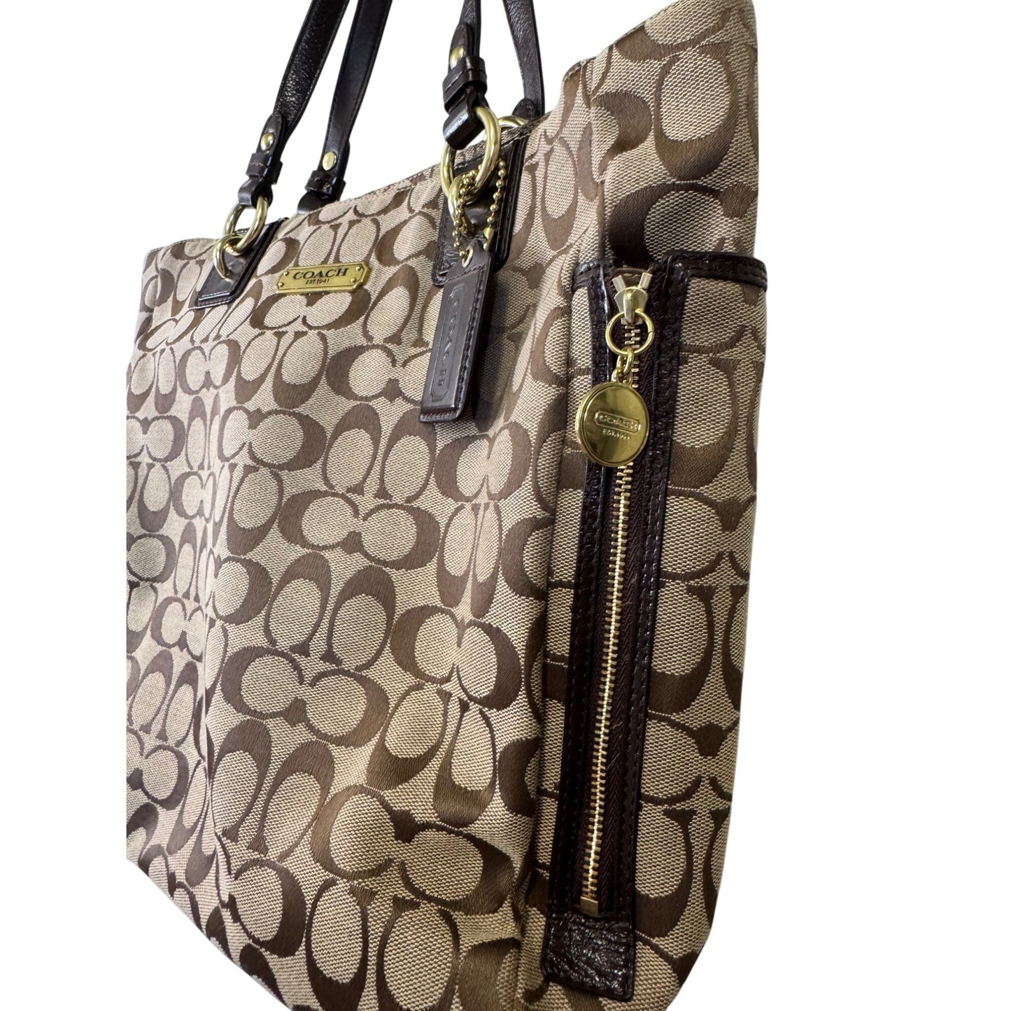 Coach Brown Signature Canvas Tote Bag W/ Leather Handles & Gold-Tone Hardware