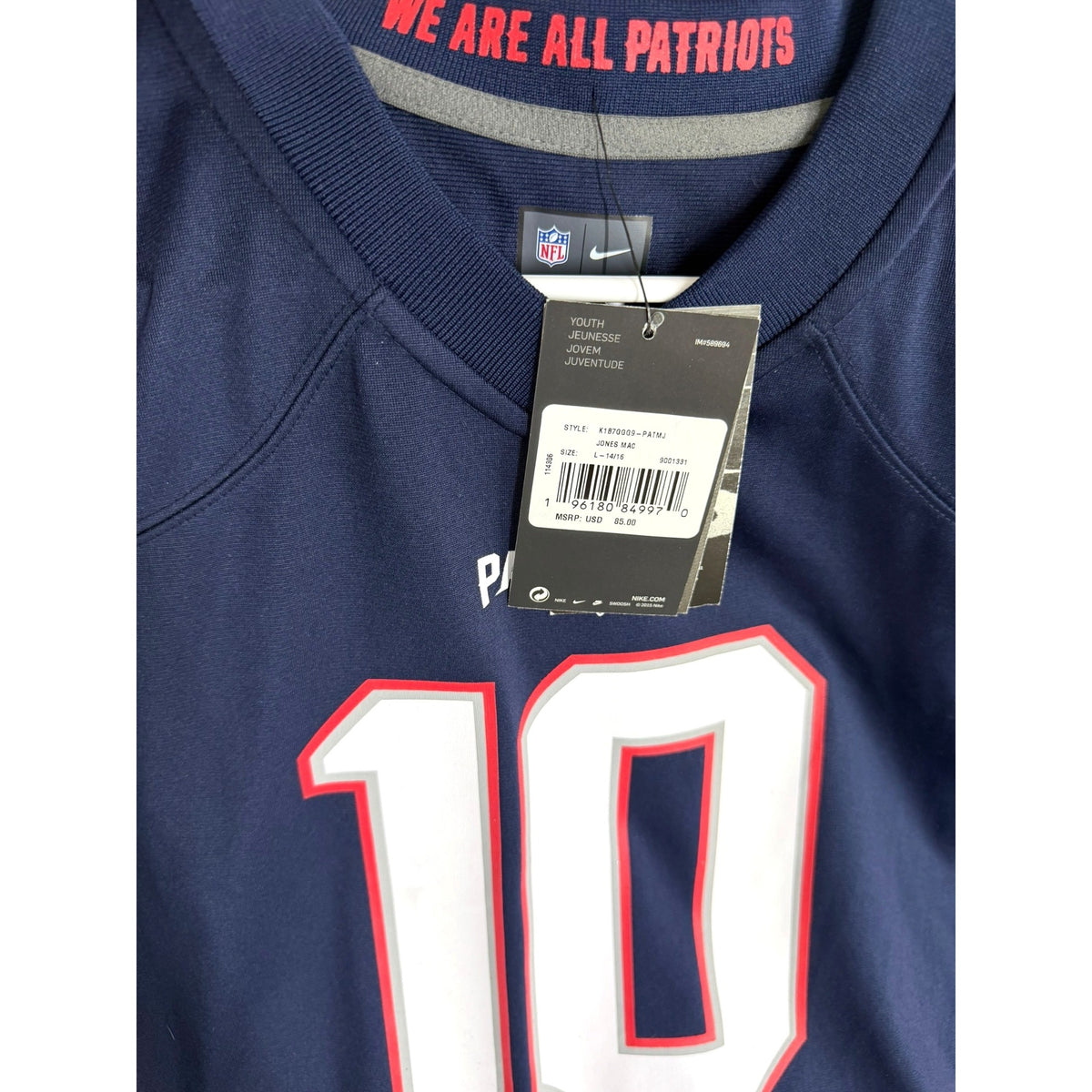 Nike Patriots Mac Jones #10 On-Field NFL Jersey Navy Youth Size L NWT