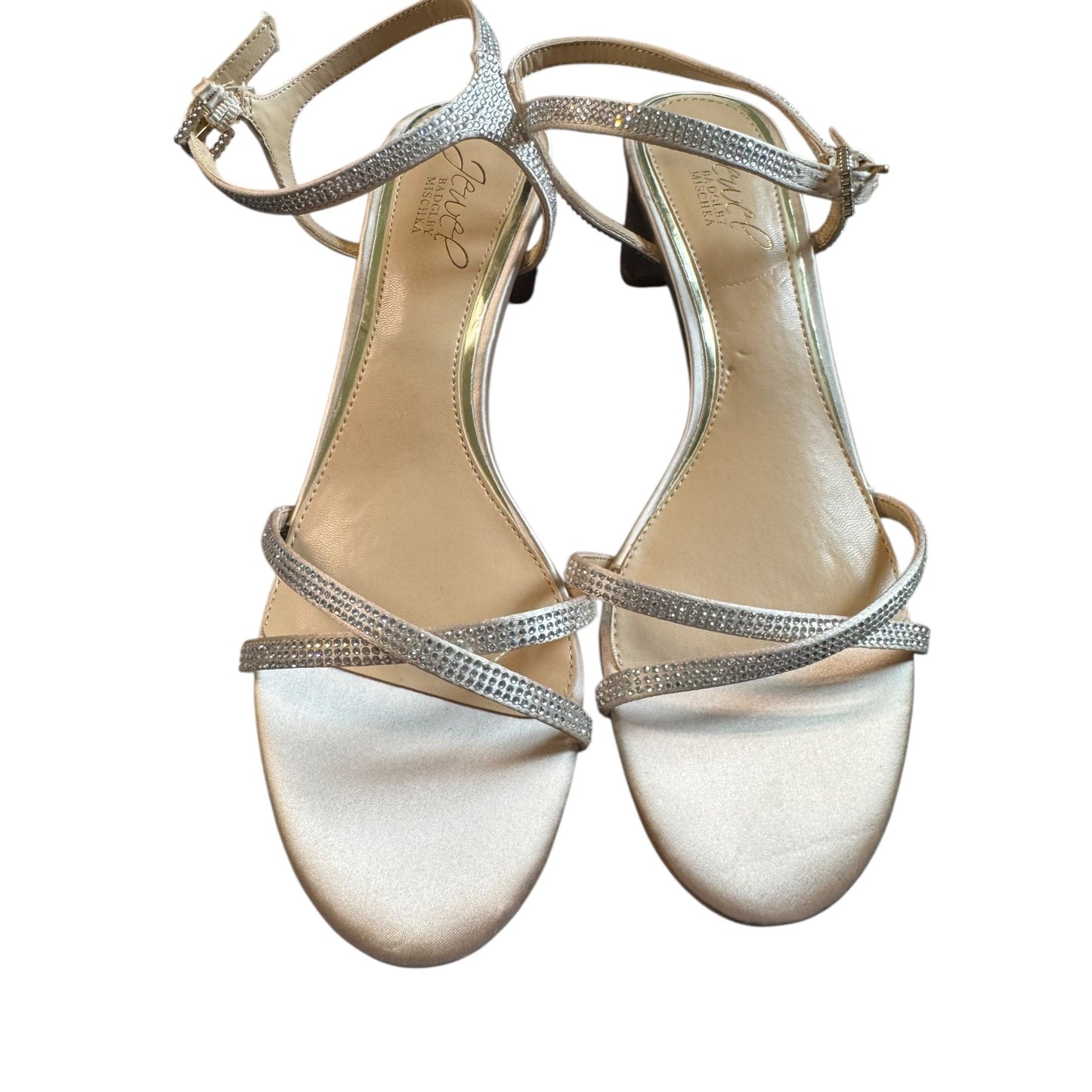 Jewel By Badgley Mischka Satin Rhinestone Strap Block Heel Ankle Strap Sandals Sz8
