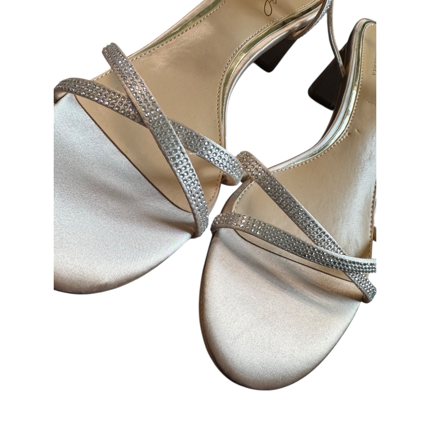 Jewel By Badgley Mischka Satin Rhinestone Strap Block Heel Ankle Strap Sandals Sz8