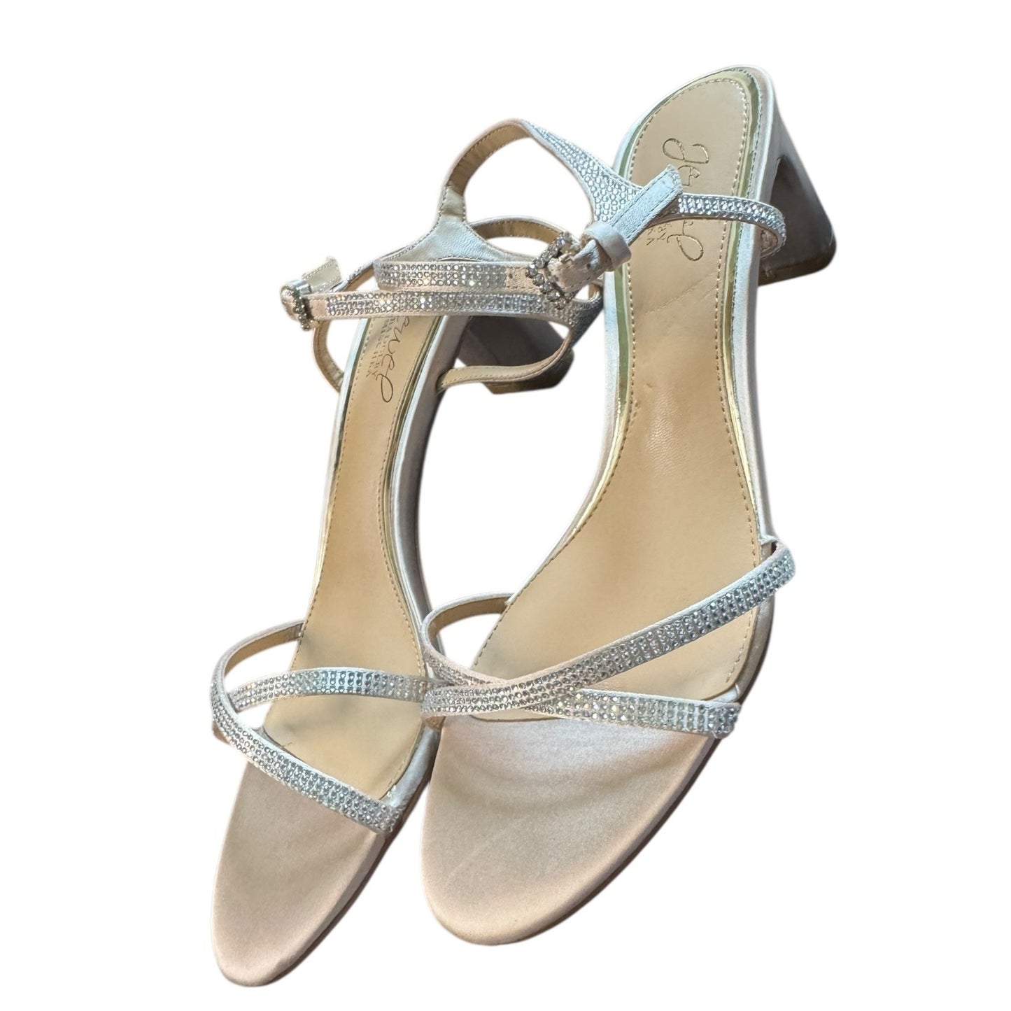 Jewel By Badgley Mischka Satin Rhinestone Strap Block Heel Ankle Strap Sandals Sz8