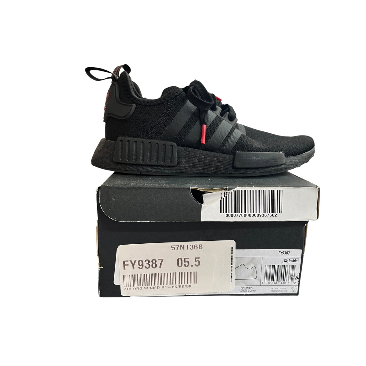 Adidas NMD_R1 Core Black & Scarlet Sneakers SZ 5.5 NWB
