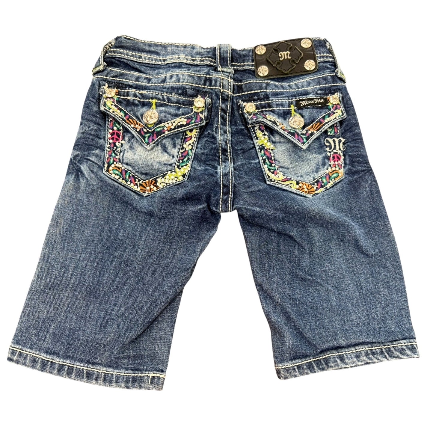 Miss Me Girls Bermuda Denim Shorts Distressed Embroidered Back Pockets Size 7