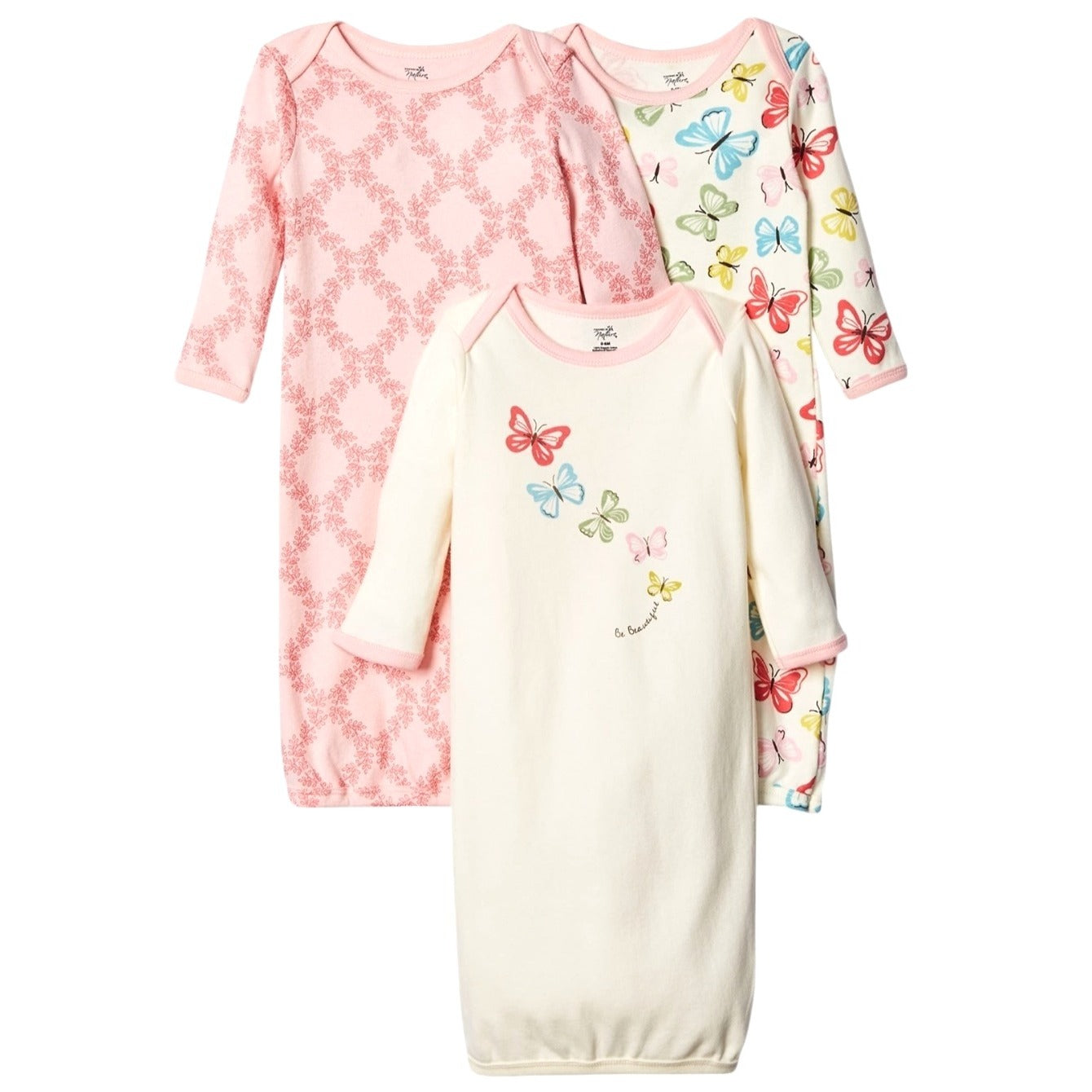 Touched By Nature Baby Girls Organic Cotton Gown Set 3-Pack Butterfly & Floral Print 0-6 Months