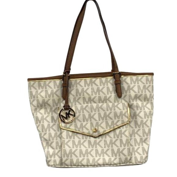 Michael Kors Vanilla & Brown MK Logo Print Leather Tote