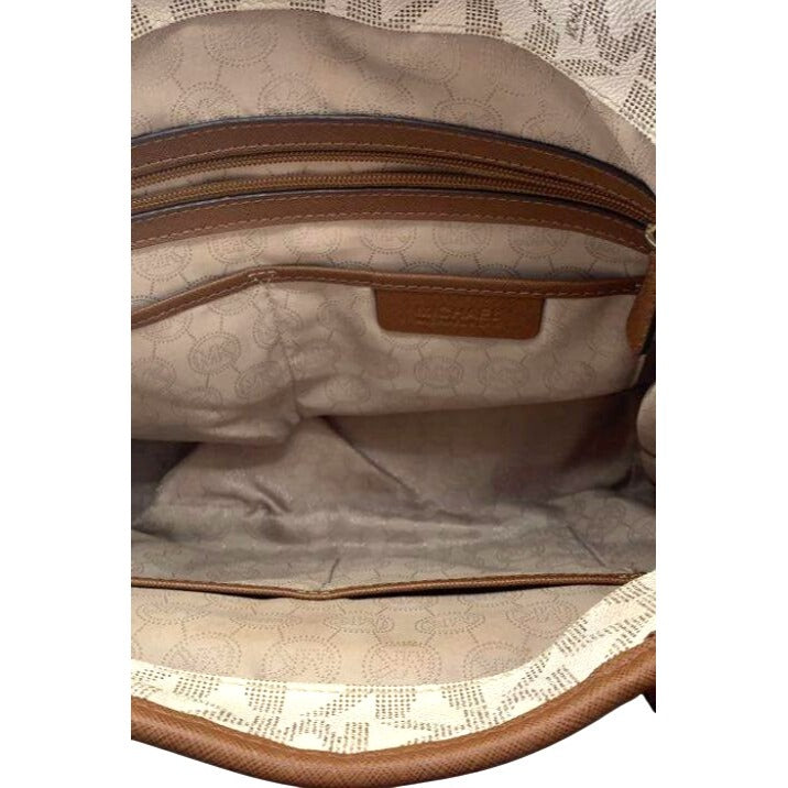 Michael Kors Vanilla & Brown MK Logo Print Leather Tote