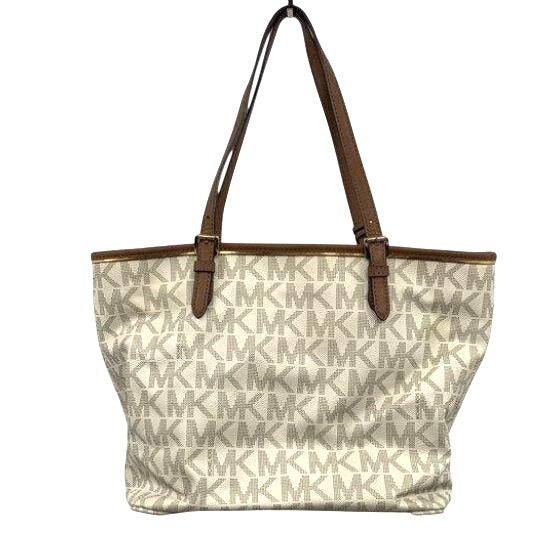 Michael Kors Vanilla & Brown MK Logo Print Leather Tote