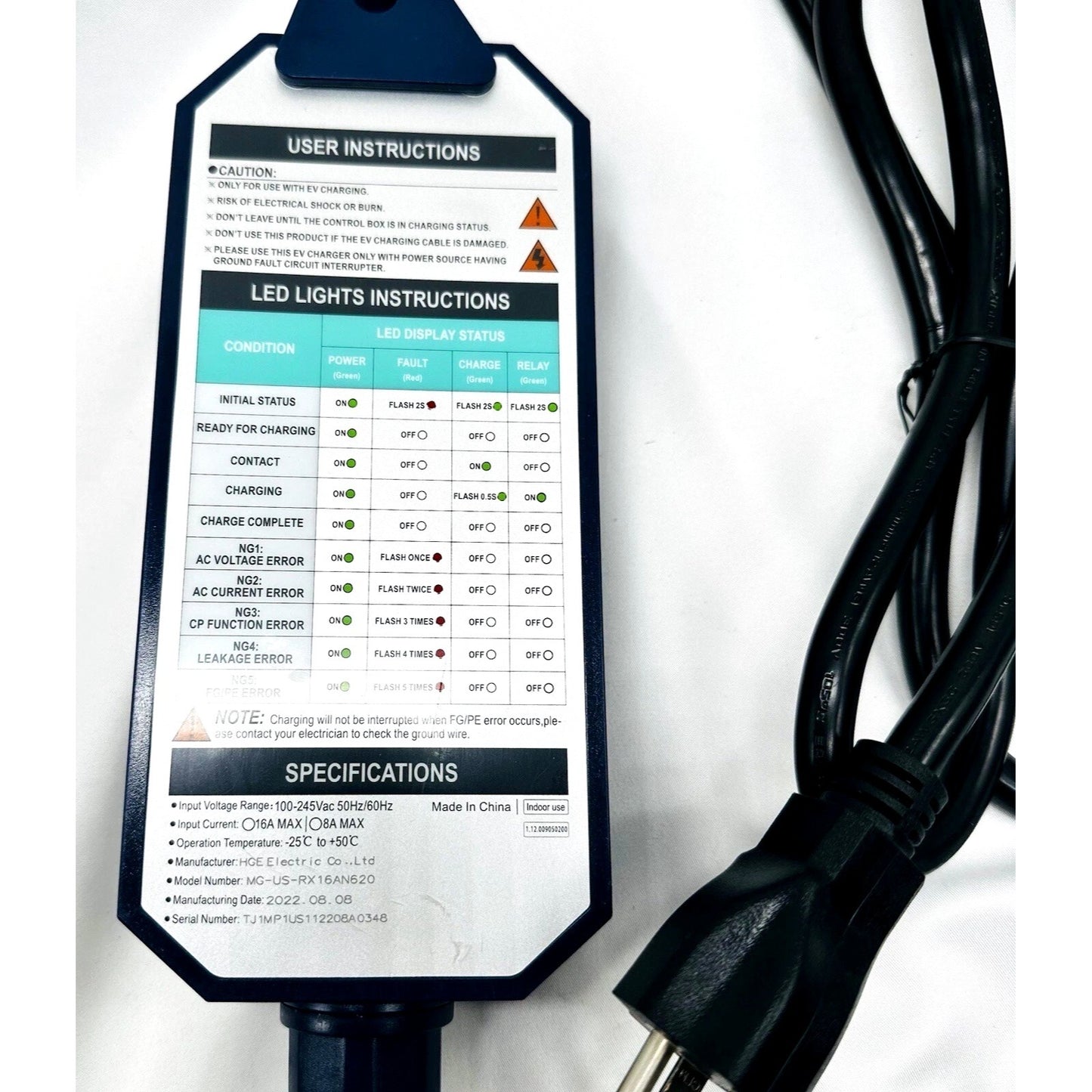 Megear Portable Level 1 EV Charger Model MG-US-WE16AN620 NEMA5-20 Plug 100-245V 16A