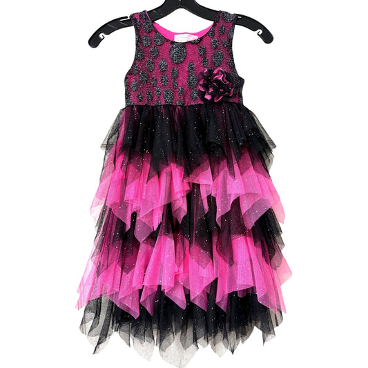 Popatu Girls Pink & Black Glitter Polka Dot Tulle Dress With Tiered Ruffles Size 6