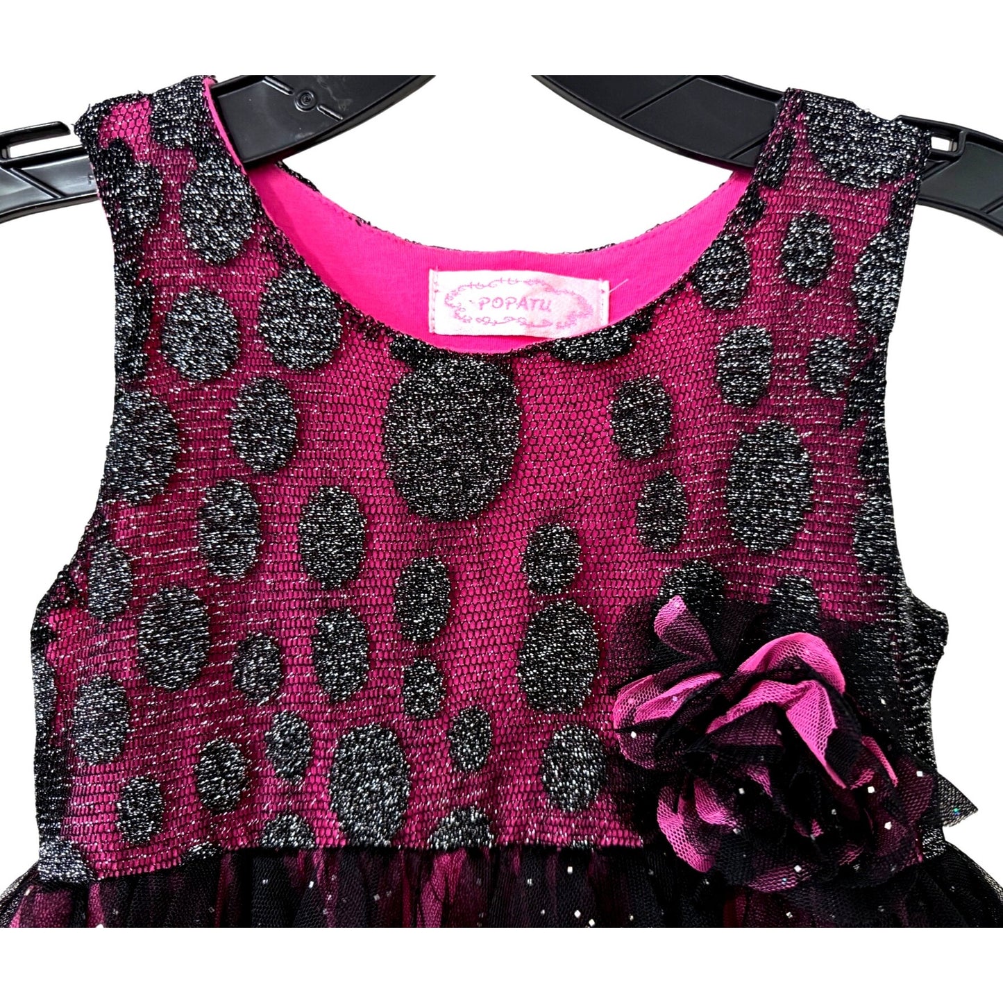 Popatu Girls Pink & Black Glitter Polka Dot Tulle Dress With Tiered Ruffles Size 6