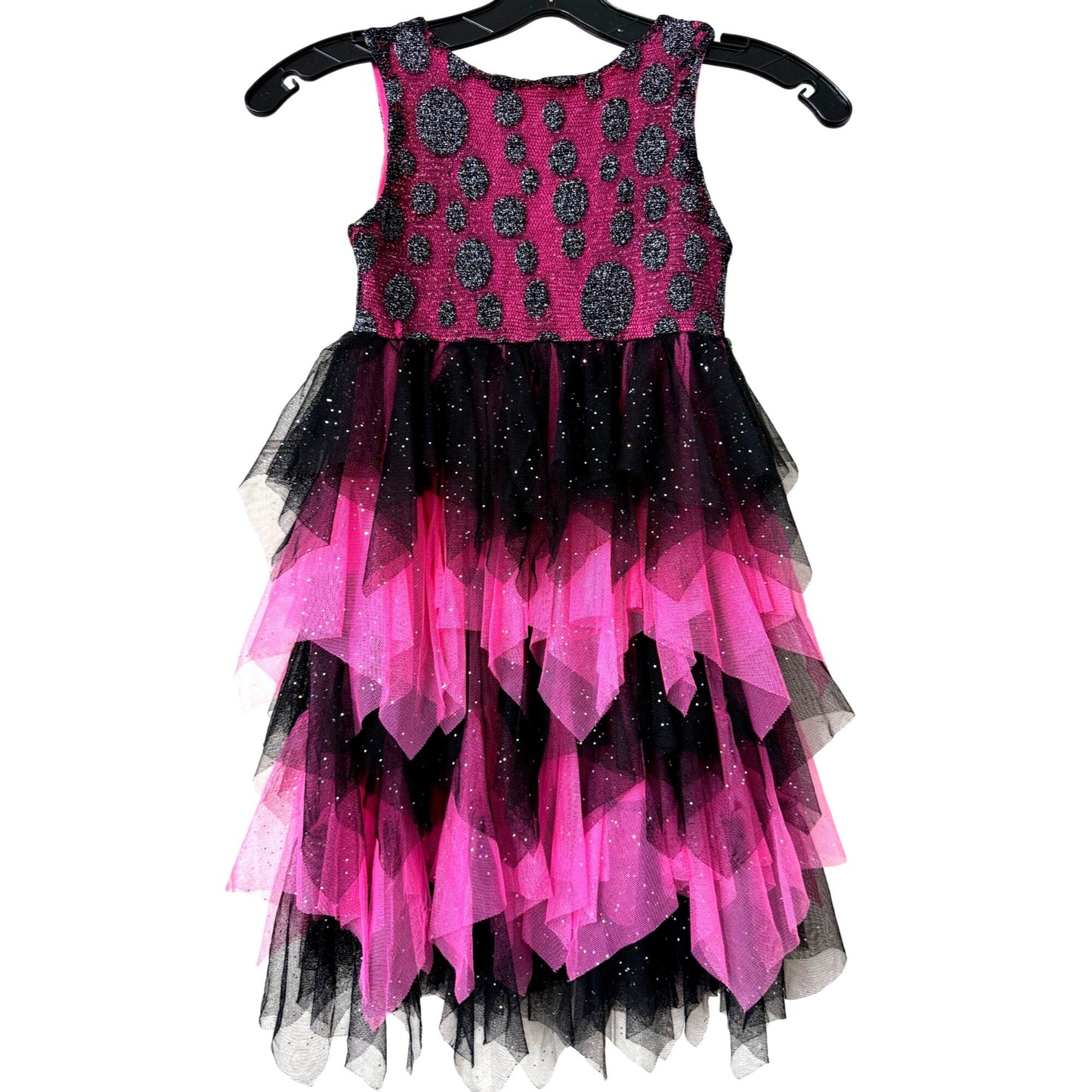 Popatu Girls Pink & Black Glitter Polka Dot Tulle Dress With Tiered Ruffles Size 6