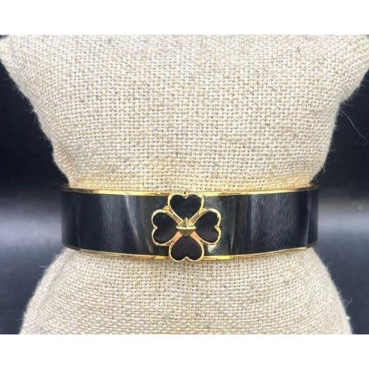 Kate Spade Black & Gold Clover Hinged Bangle Bracelet 2.5" Diameter