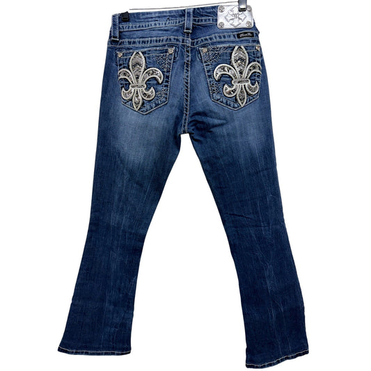 Miss Me Womens Signature Bootcut Jeans Size 28 Fleur-De-Lis Embellished Pockets Dark Wash Denim