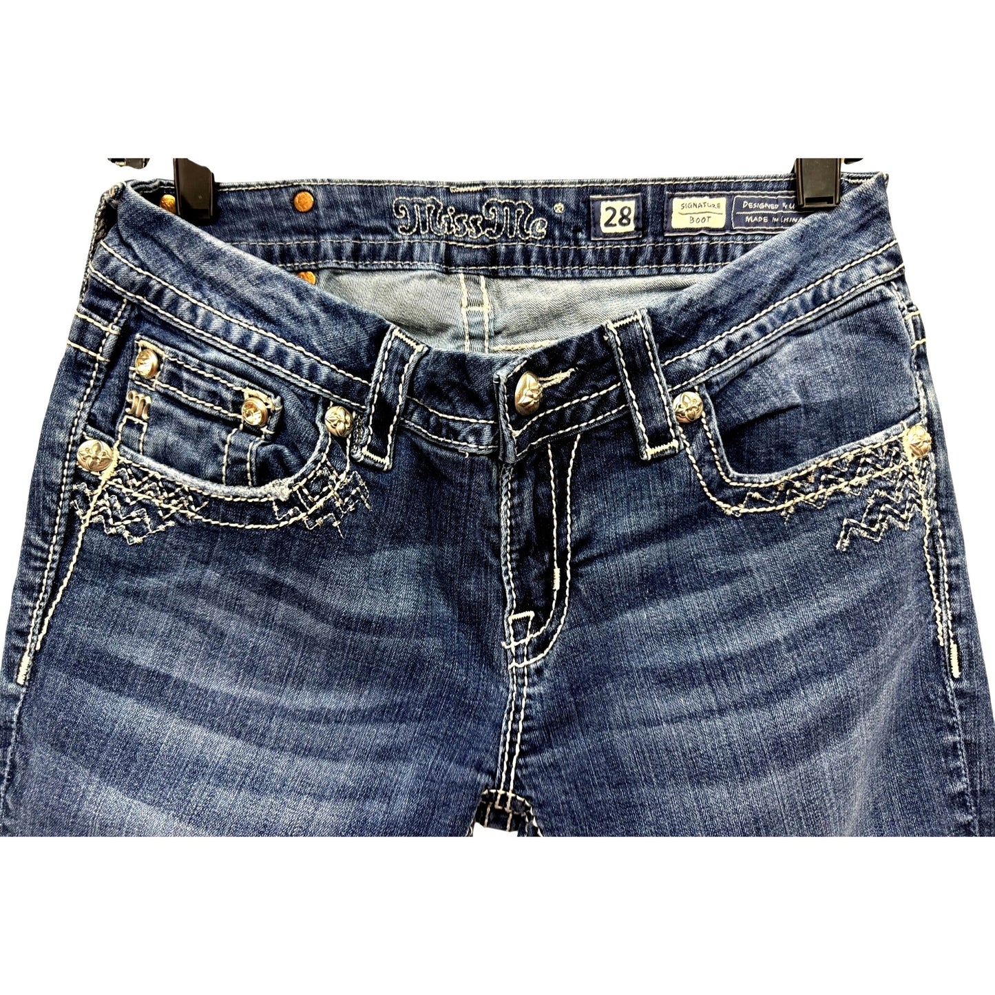 Miss Me Womens Signature Bootcut Jeans Size 28 Fleur-De-Lis Embellished Pockets Dark Wash Denim