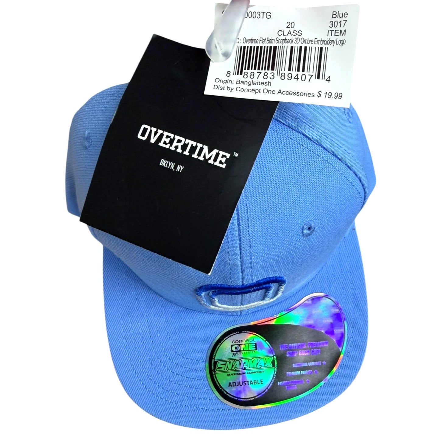Overtime Flat Brim Snapback Cap 3D Ombre Embroidery Logo Adjustable Blue NWT