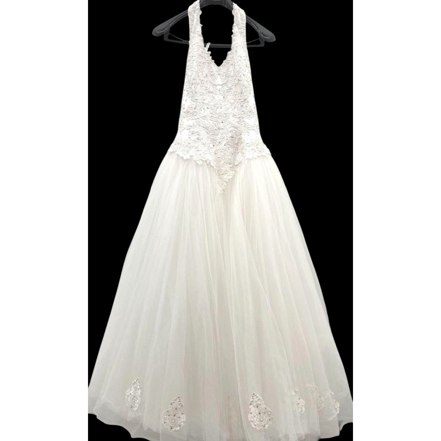 David's Bridal Sz 14 Oleg Cassini White Lace & Tulle Halter Wedding Gown With Floral Embellishments & Beaded Details