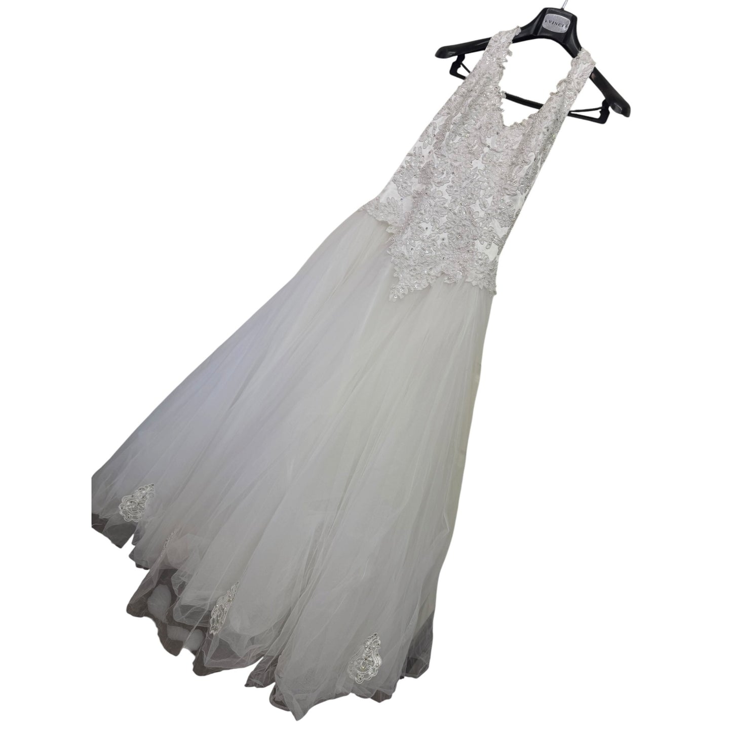 David's Bridal Sz 14 Oleg Cassini White Lace & Tulle Halter Wedding Gown With Floral Embellishments & Beaded Details
