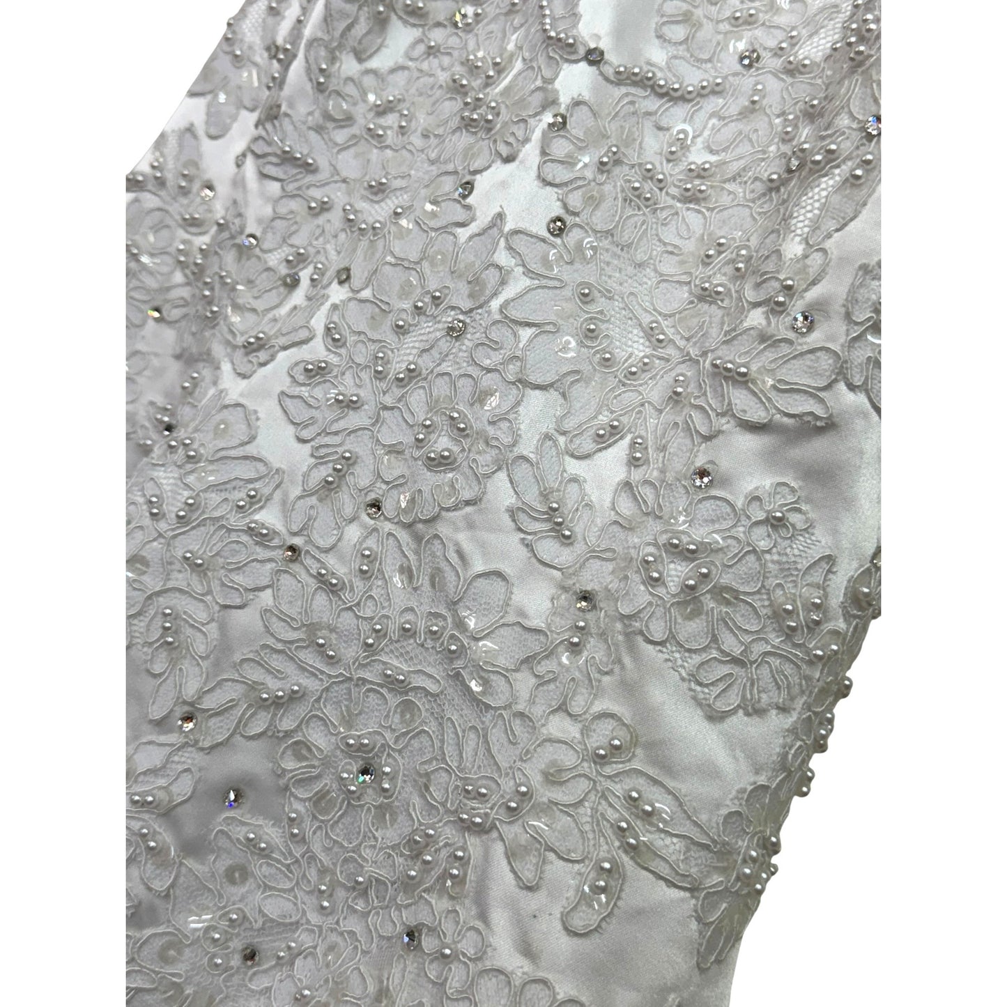 David's Bridal Sz 14 Oleg Cassini White Lace & Tulle Halter Wedding Gown With Floral Embellishments & Beaded Details