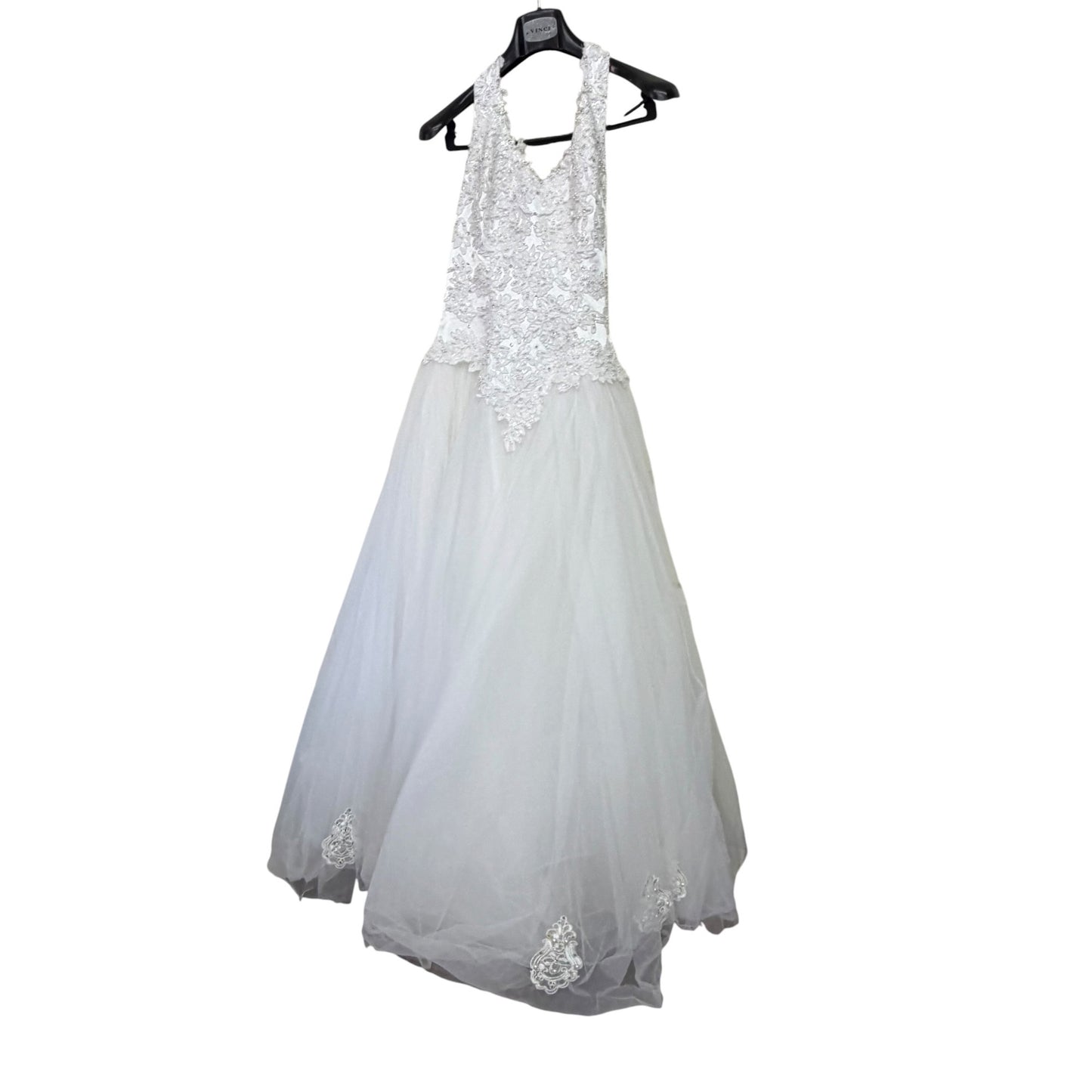 David's Bridal Sz 14 Oleg Cassini White Lace & Tulle Halter Wedding Gown With Floral Embellishments & Beaded Details