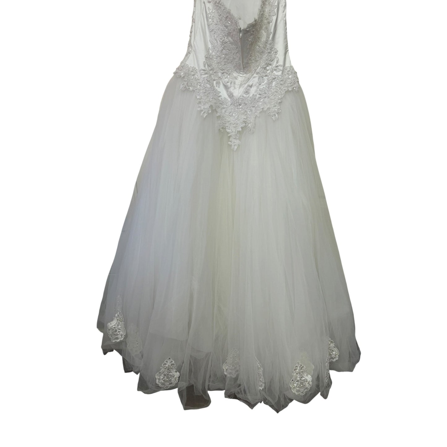 David's Bridal Sz 14 Oleg Cassini White Lace & Tulle Halter Wedding Gown With Floral Embellishments & Beaded Details