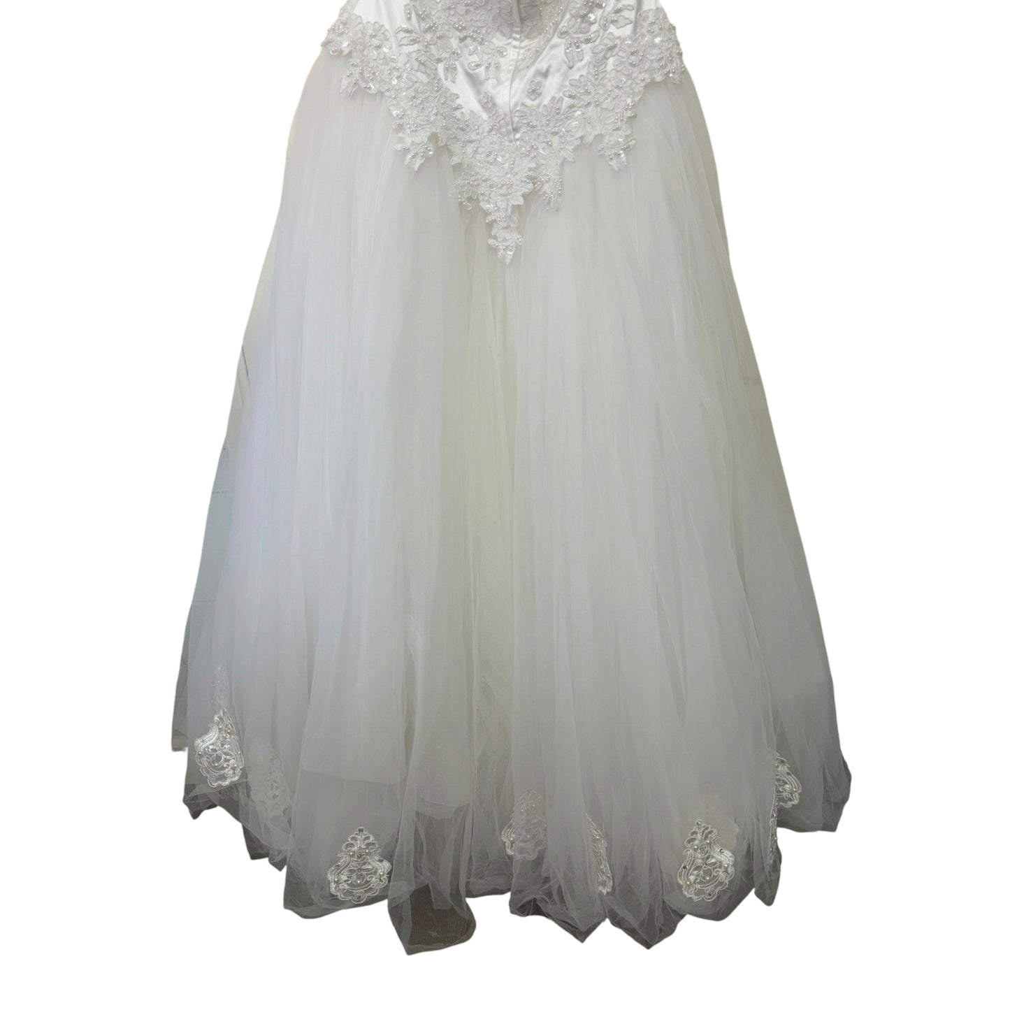 David's Bridal Sz 14 Oleg Cassini White Lace & Tulle Halter Wedding Gown With Floral Embellishments & Beaded Details