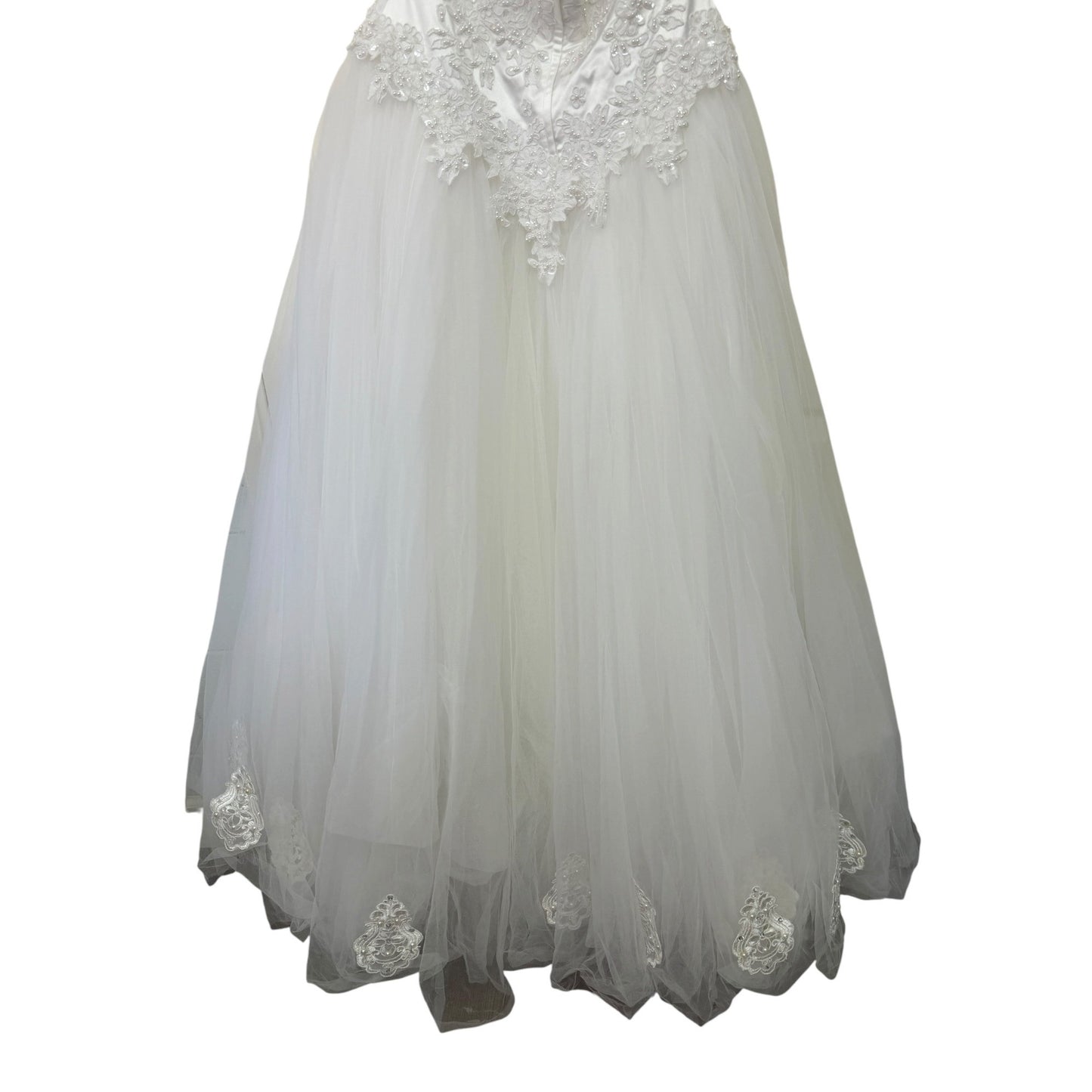 David's Bridal Sz 14 Oleg Cassini White Lace & Tulle Halter Wedding Gown With Floral Embellishments & Beaded Details