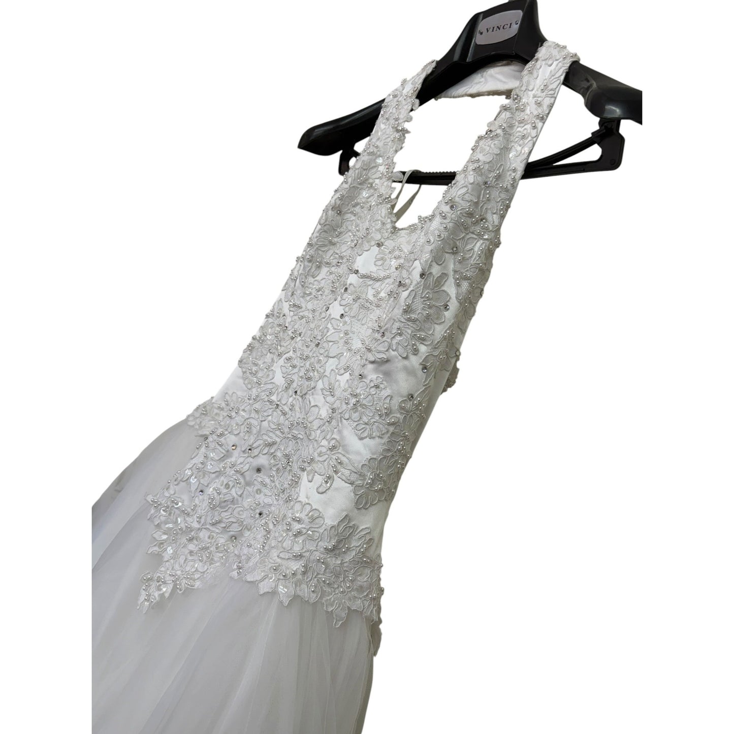 David's Bridal Sz 14 Oleg Cassini White Lace & Tulle Halter Wedding Gown With Floral Embellishments & Beaded Details