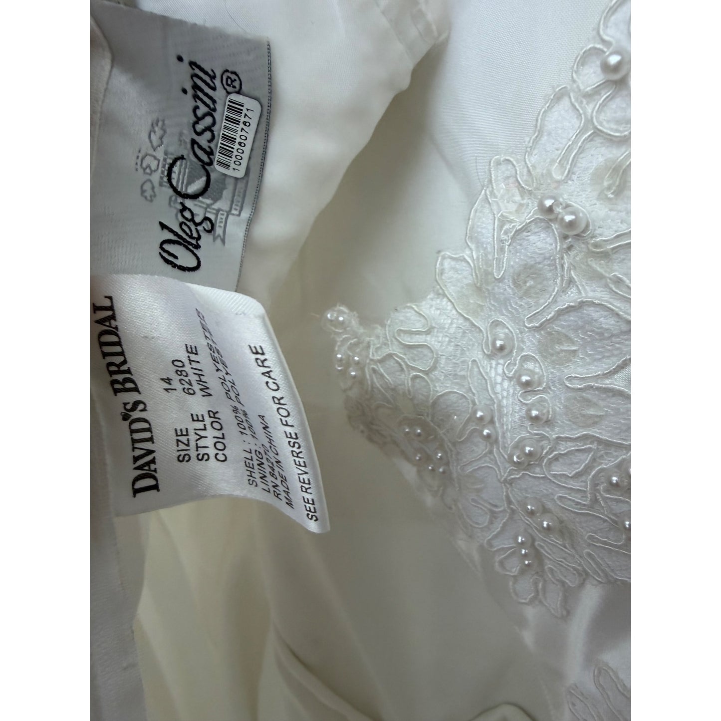 David's Bridal Sz 14 Oleg Cassini White Lace & Tulle Halter Wedding Gown With Floral Embellishments & Beaded Details