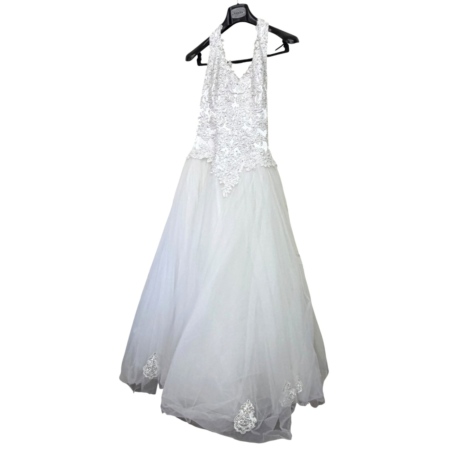 David's Bridal Sz 14 Oleg Cassini White Lace & Tulle Halter Wedding Gown With Floral Embellishments & Beaded Details