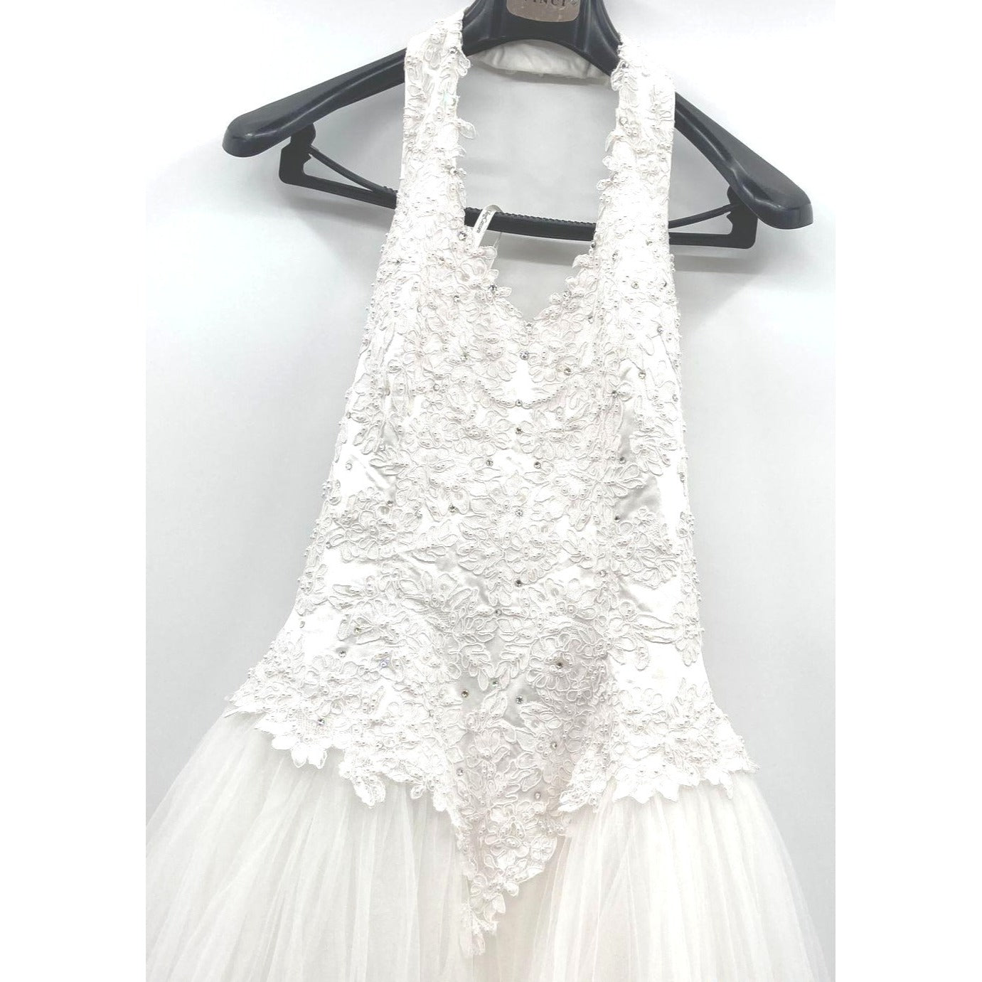 David's Bridal Sz 14 Oleg Cassini White Lace & Tulle Halter Wedding Gown With Floral Embellishments & Beaded Details
