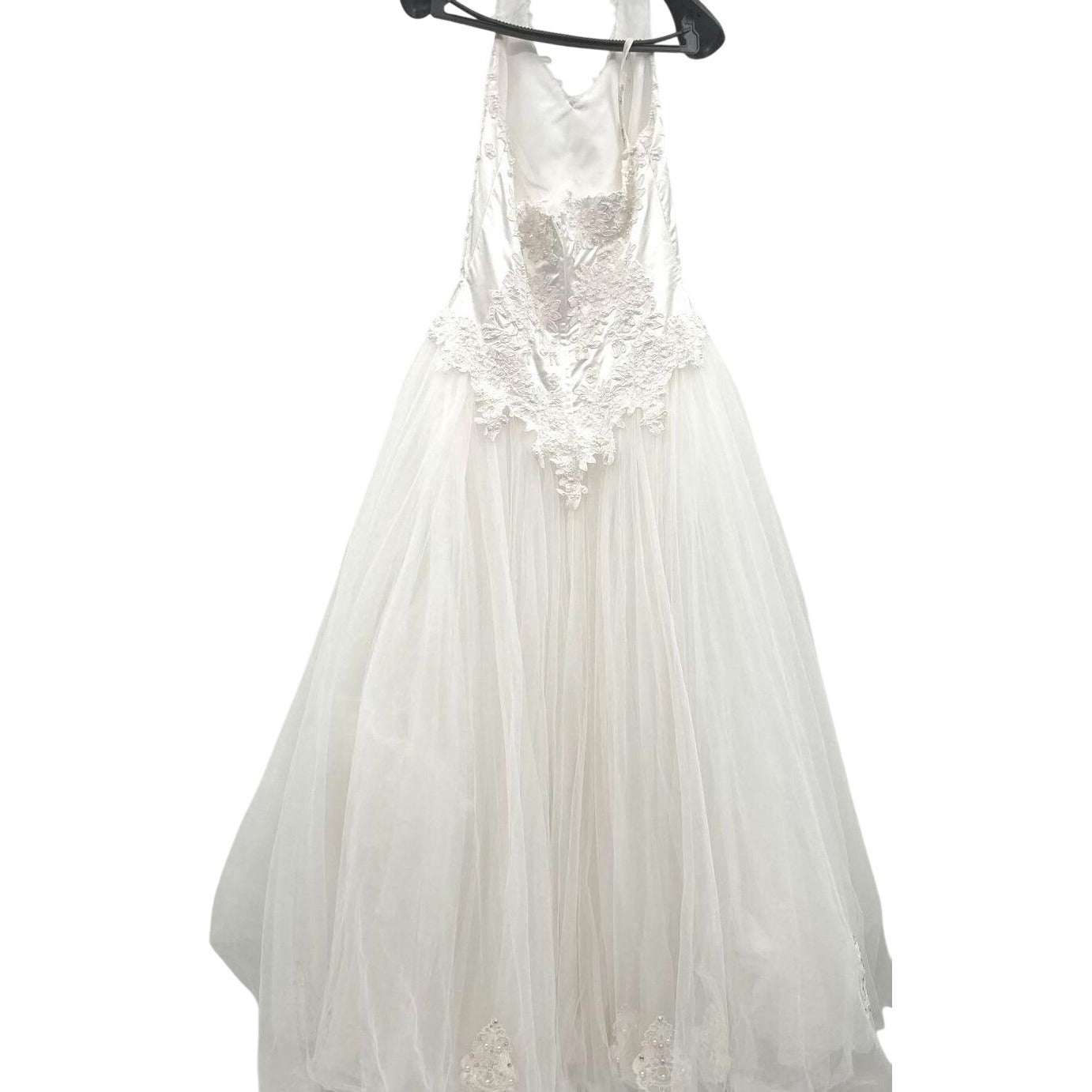 David's Bridal Sz 14 Oleg Cassini White Lace & Tulle Halter Wedding Gown With Floral Embellishments & Beaded Details