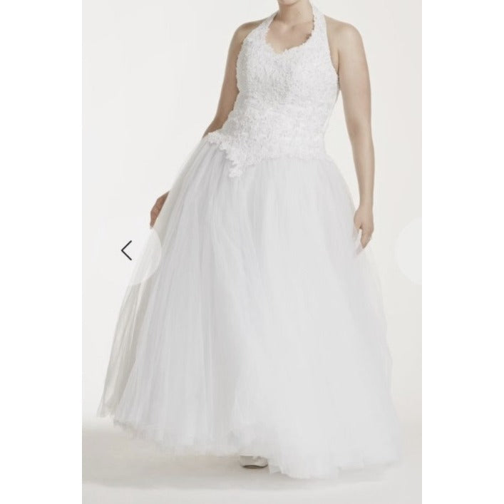 David's Bridal Sz 14 Oleg Cassini White Lace & Tulle Halter Wedding Gown With Floral Embellishments & Beaded Details