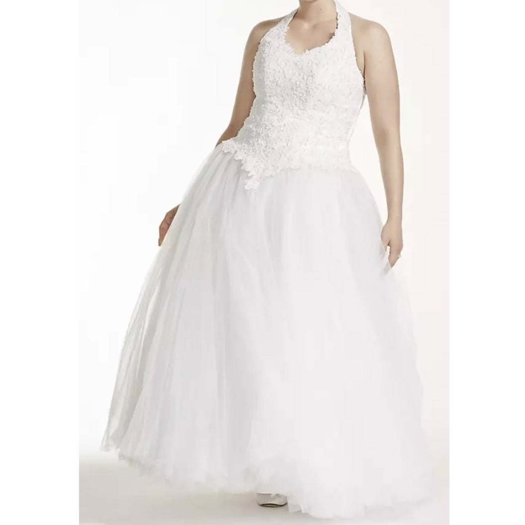 David's Bridal Sz 14 Oleg Cassini White Lace & Tulle Halter Wedding Gown With Floral Embellishments & Beaded Details