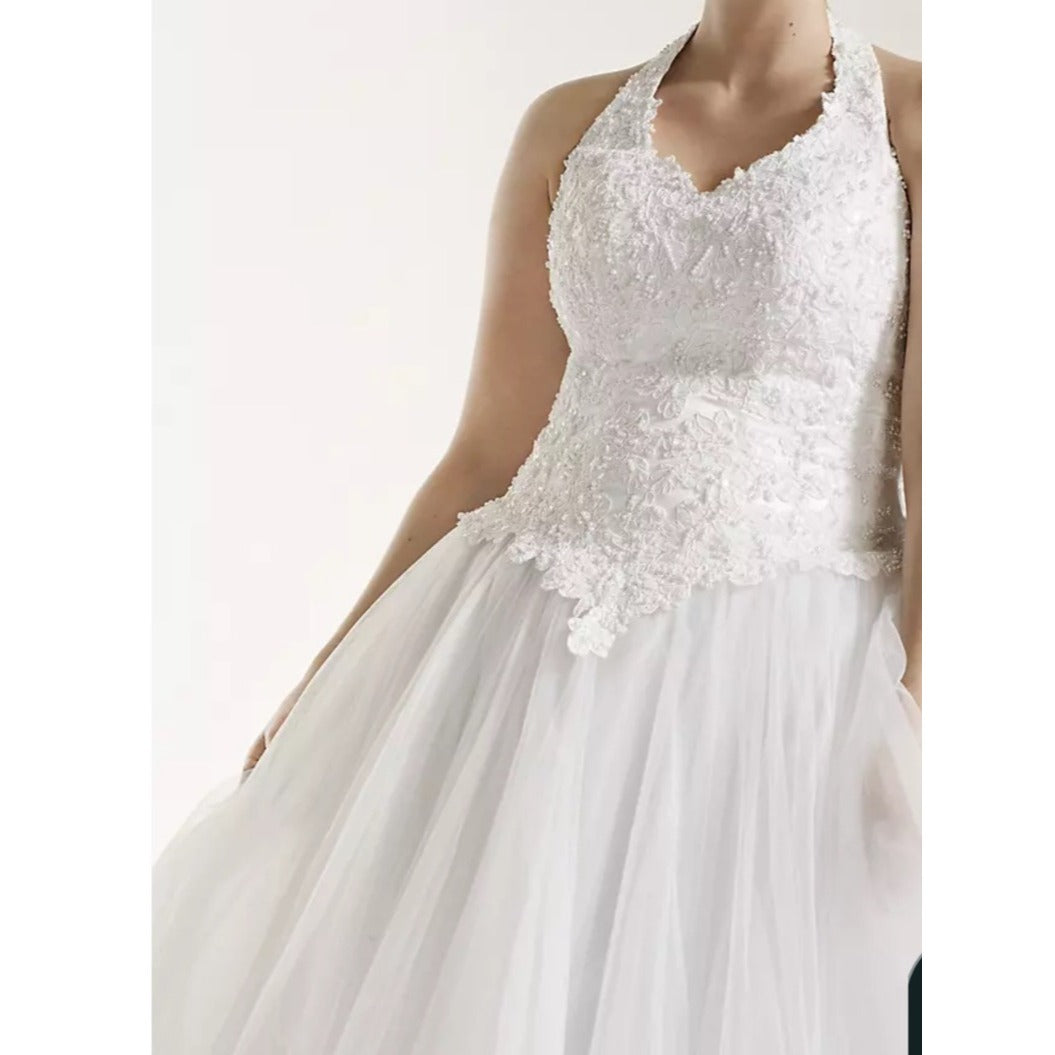 David's Bridal Sz 14 Oleg Cassini White Lace & Tulle Halter Wedding Gown With Floral Embellishments & Beaded Details