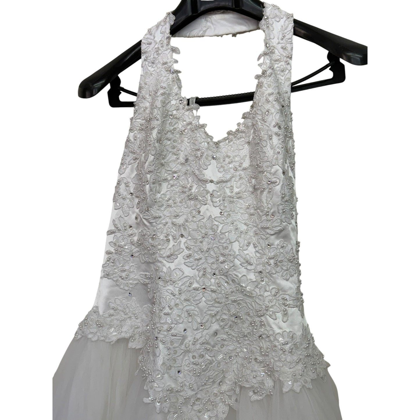 David's Bridal Sz 14 Oleg Cassini White Lace & Tulle Halter Wedding Gown With Floral Embellishments & Beaded Details