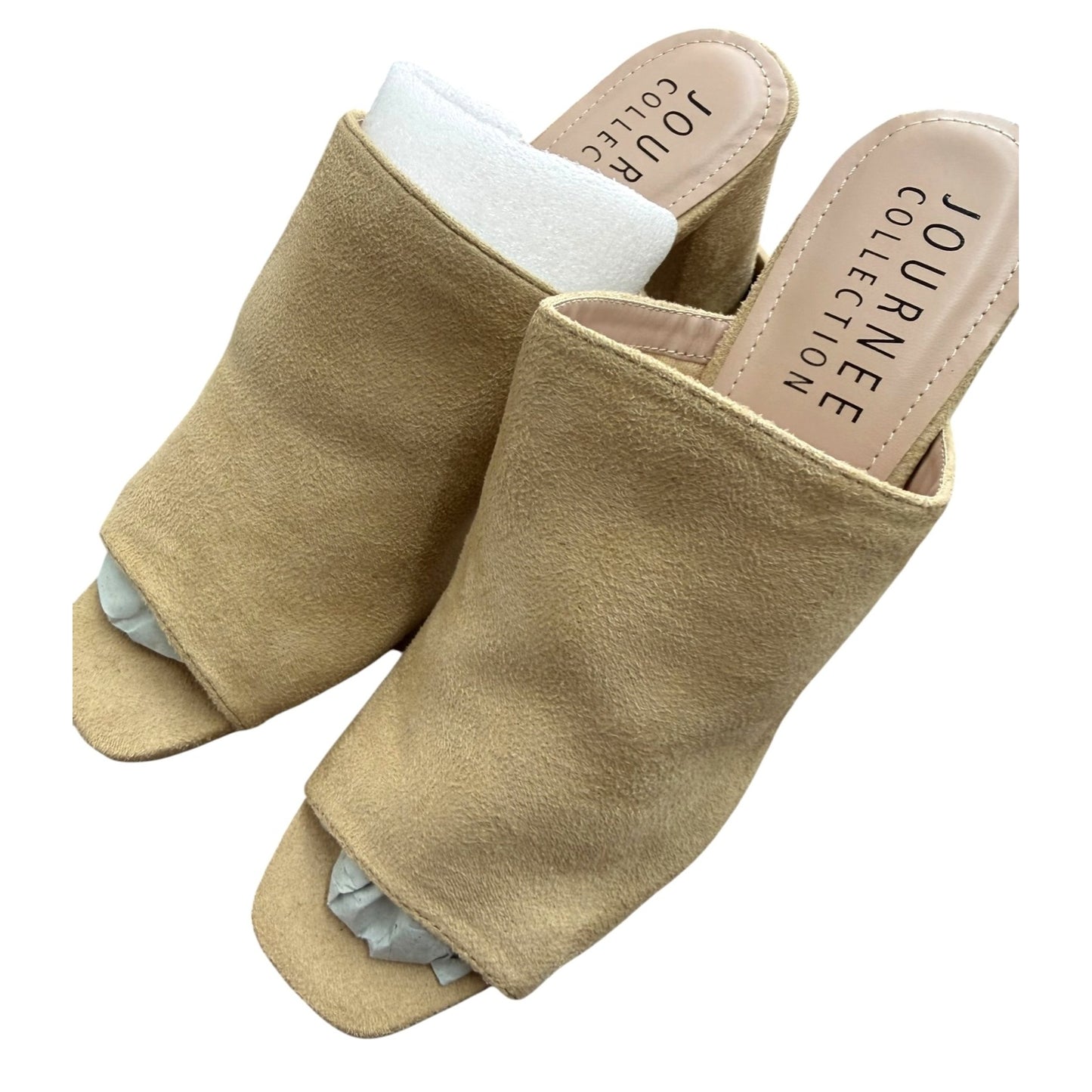 Journee Collection Women's Adelaide Nude Suede Open-Toe Block Heel Slides Size 10