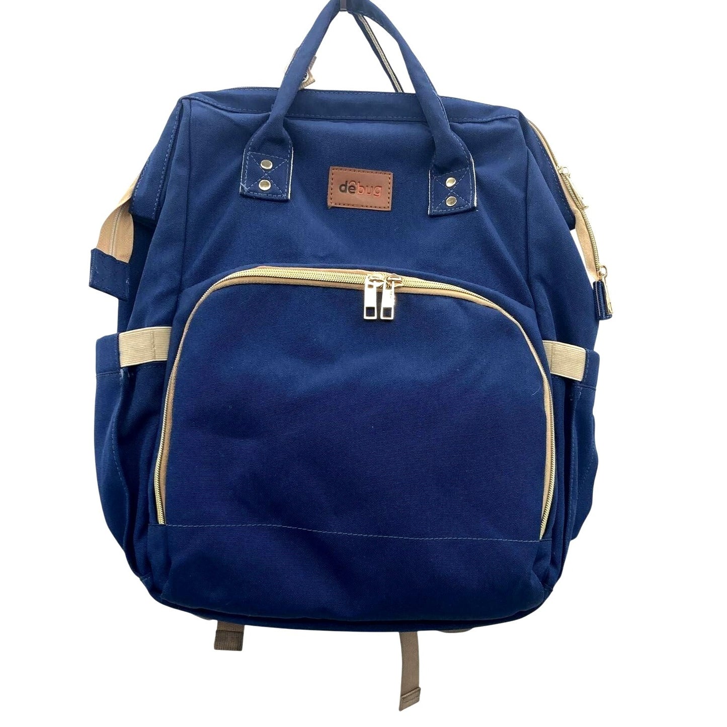 Debug Navy Blue Diaper Bag Backpack With Beige Accents Multiple Compartments Adjustable Straps And Top Carry Handles
