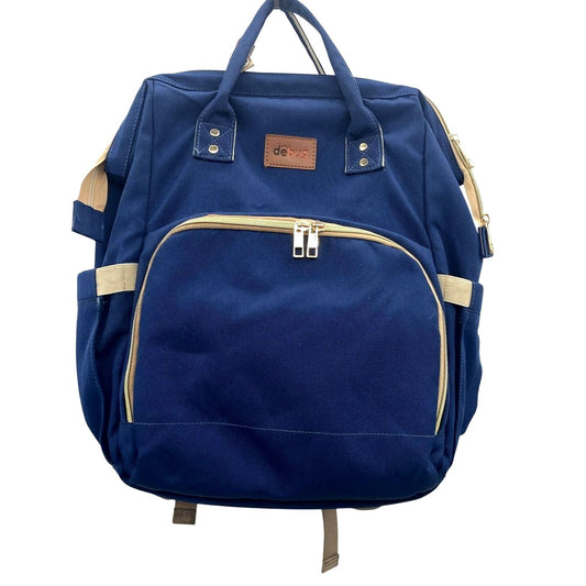 Debug Navy Blue Diaper Bag Backpack With Beige Accents Multiple Compartments Adjustable Straps And Top Carry Handles