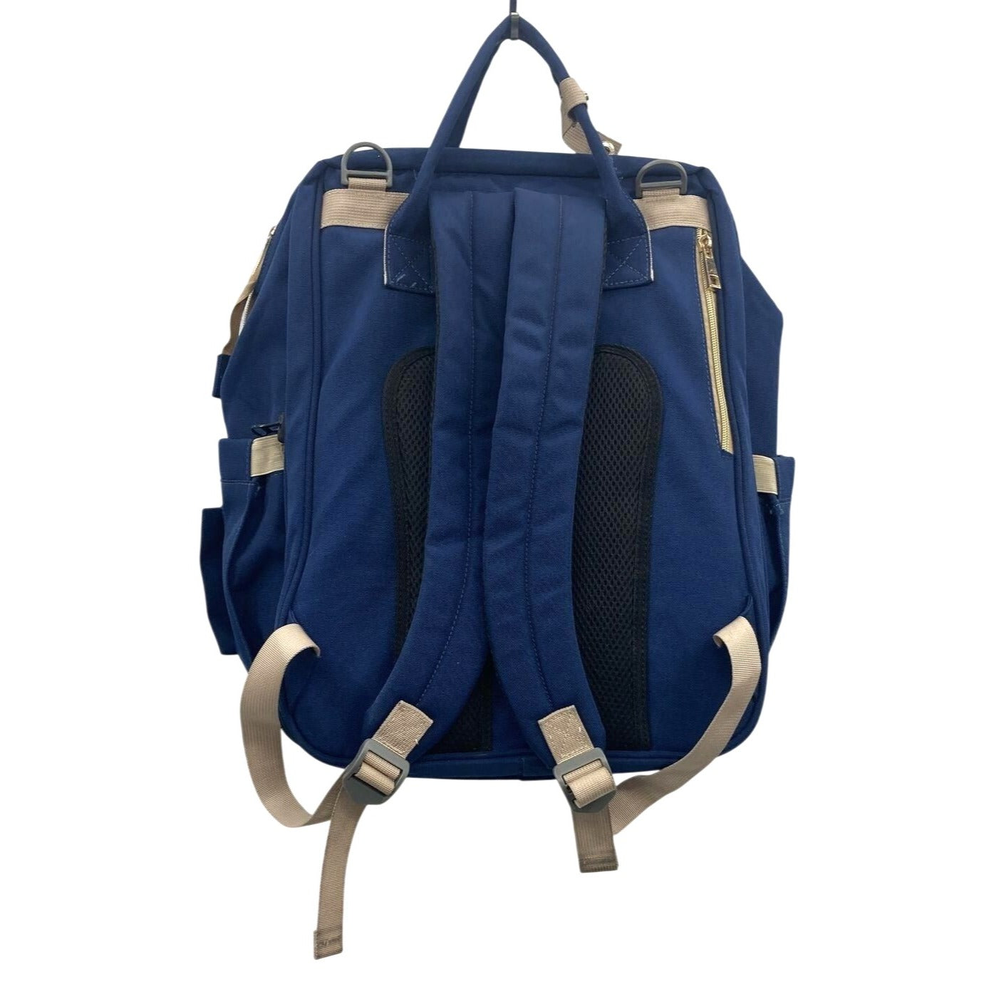 Debug Navy Blue Diaper Bag Backpack With Beige Accents Multiple Compartments Adjustable Straps And Top Carry Handles