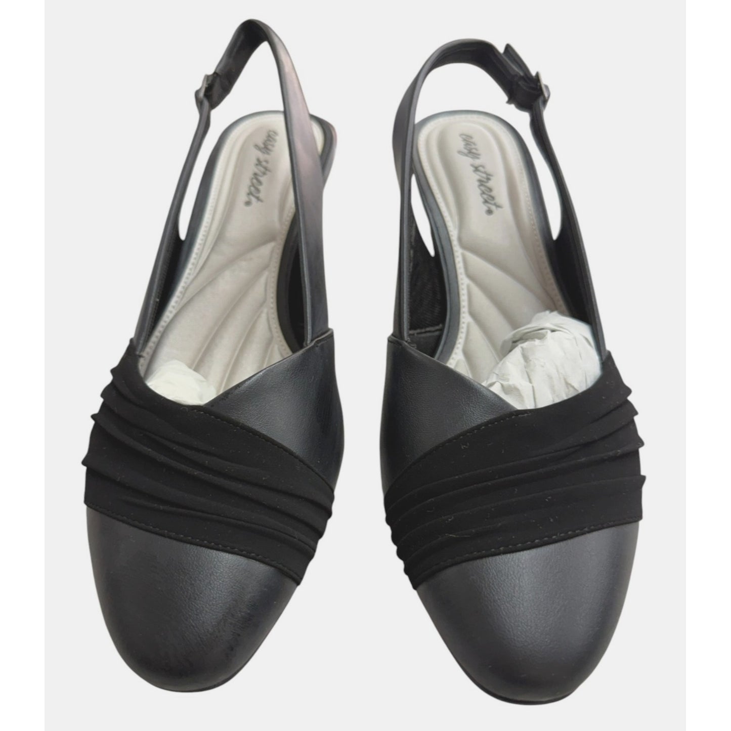 Easy Street Black Slingback Heels 11M With Ruched Toe Design & Low Block Heel NWOB